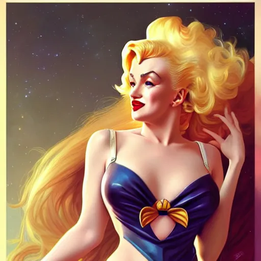 Image similar to Blonde Marilyn Monroe as Sailor Moon, western, D&D, fantasy, intricate, elegant, highly detailed, digital painting, artstation, concept art, matte, sharp focus, illustration, art by Artgerm and Greg Rutkowski and Alphonse Mucha