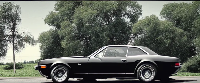 Image similar to all black audi camaro b 1 ( 1 9 6 7 ), restomod, establishing shot