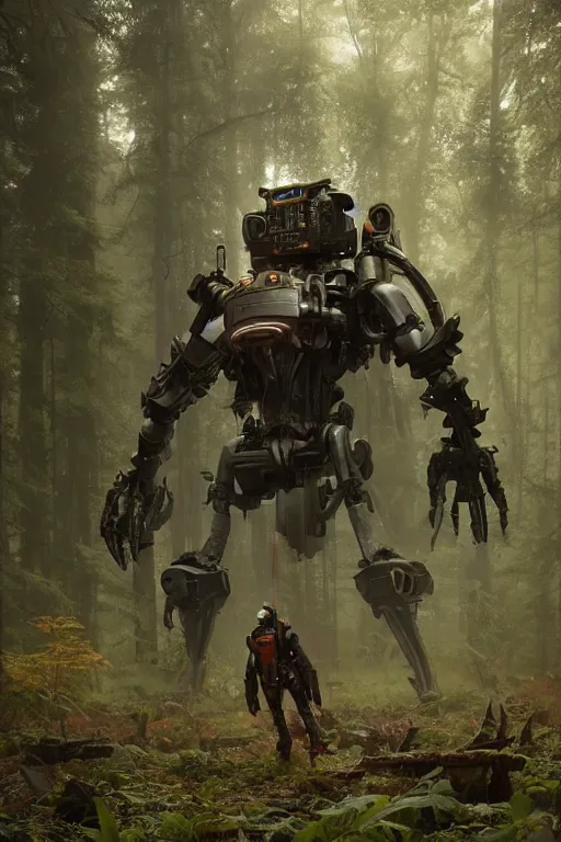 Image similar to A small character standing before a giant mechanical robpt in the forest by Greg Rutkowski, Sung Choi, Mitchell Mohrhauser, Maciej Kuciara, Johnson Ting, Maxim Verehin, Peter Konig, final fantasy , 8k photorealistic, cinematic lighting, HD, high details, atmospheric,