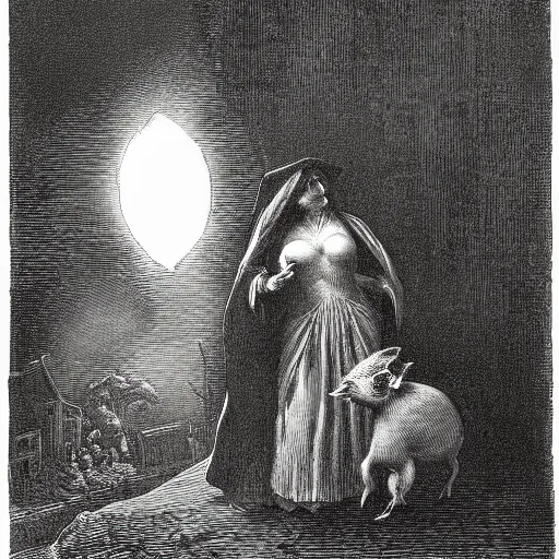 Prompt: pig, tuxedo, illustration by Gustave Doré, high detail, eerie, creepy, dark, night, misty, moon, chiaroscuro, film noir