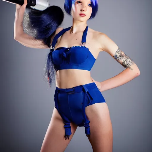 Prompt: a full shot, studio photographic portrait of Jinx standing majestically, beautiful expression on her face with a well presented blue long pigtail hair, wearing underwear and military shoes, holding a big bazooka on her left shoulder, destruction like hell burning fire in the background, award-winning photo, shot taken on Canon EOS 5D Mark IV camera, detailed picture, shot taken by Annie Leibovitz, on Pinterest, 4k high resolution, realistic, octane render, photoshopped