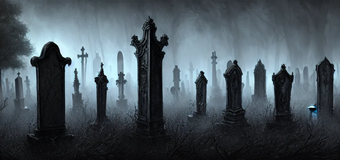 Image similar to A dark and haunted graveyard with ghost and zombies in the style of Keith Thompson, christopher bretz and kael ngu and Zdzislaw Beksinski, Artstation HD, 8k, Surrealistic digital artwork, highly detailed, digital painting, HDRI, vivid colors, high contrast, 8k resolution, intricate, photorealistic, smooth