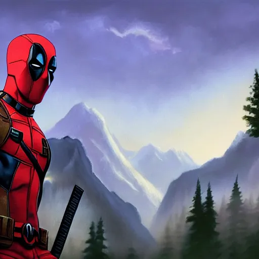 Image similar to a closeup photorealistic photograph of bob ross working on a canvas painting of deadpool. film still. brightly lit scene. mountains and trees. this 4 k hd image is trending on artstation, featured on behance, well - rendered, extra crisp, features intricate detail, epic composition and the style of unreal engine.