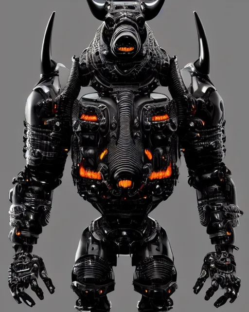 Prompt: a full body shot of an imposing cyborg pig modeled after a bull looking into the camera, contrast lighting, black skin!!!, intricate pattern, hard rubber chest, highly detailed, cyborg, full body shot, intricate, 3 d, symmetrical, octane render, fantasy, highly detailed, digital art, artstation, strong bokeh, black face, leering