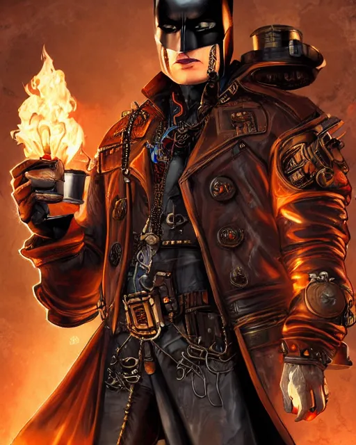 Image similar to steampunk batman with fire and ice magic coming out from his hands in a dystopian environment, full body view, highly detailed, amazing digital art, artstation, sharp focus