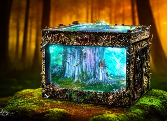 Image similar to photo of a crystal box with a magical kingdom inside, in the forest. Fantasy magic style. Highly detailed 8k. Intricate. Nikon d850 55mm. Award winning photography.