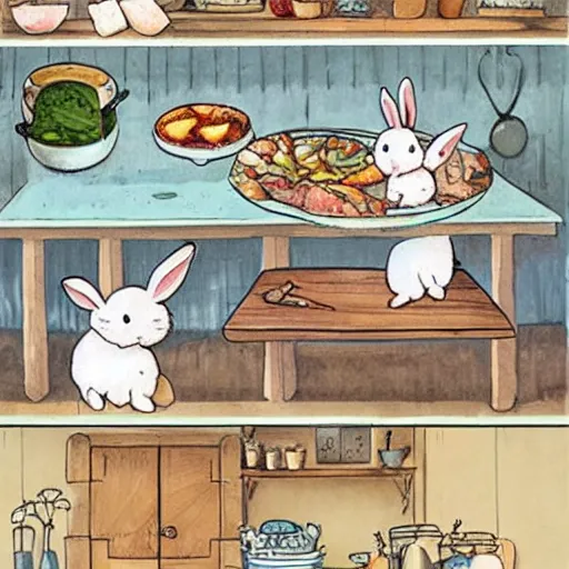 Prompt: rabbits cooking food inside a cozy french kitchen, in the style of studio ghibli