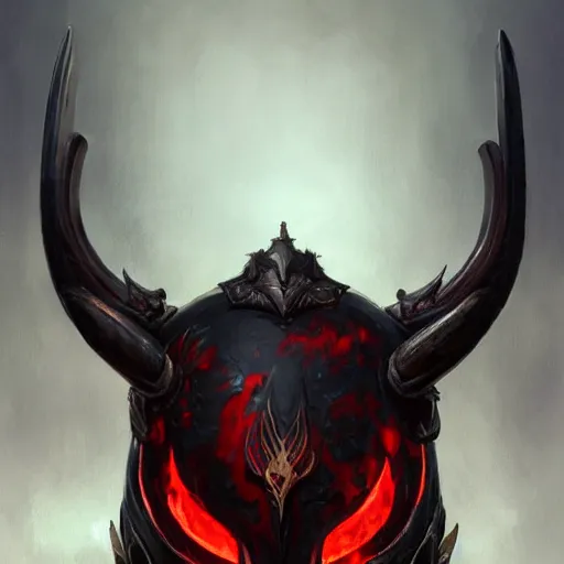 Prompt: An ornate front facing helm with large horns, Black steel with red trim, engulfed in blood red flames, intricate, elegant, highly detailed, digital painting, artstation, concept art, smooth, sharp focus, illustration, art by anato Finnstark and Peter mohrbacher,