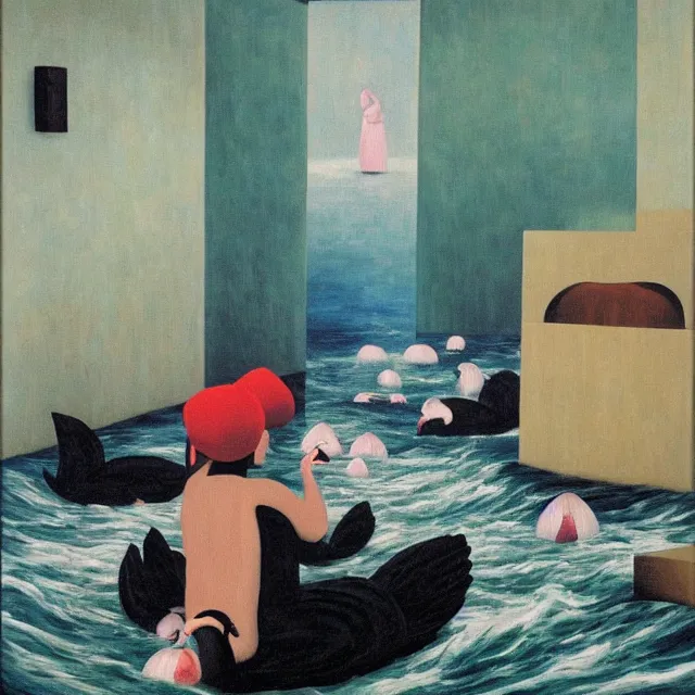 Image similar to painting of flood waters inside an apartment, tall female emo art student, a river flooding through a wall, tangelos, zen, pigs, ikebana, water, river, rapids, waterfall, black swans, canoe, pomegranate, berries dripping, acrylic on canvas, surrealist, by magritte and monet