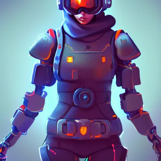 Image similar to stylized cybernetic ninja - cyberpunk girl, wearing techwear and armor, weoponary, complementary colors, highly detailed, artstation, digital matte painted in the style of overwatch, concept art, smooth
