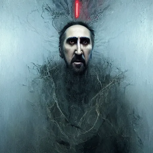 Image similar to michal karcz surrealism painting of the Nicholas Cage as an all seeing God. His eyes are watching everything. , horror theme, detailed, elegant, intricate, 4k,