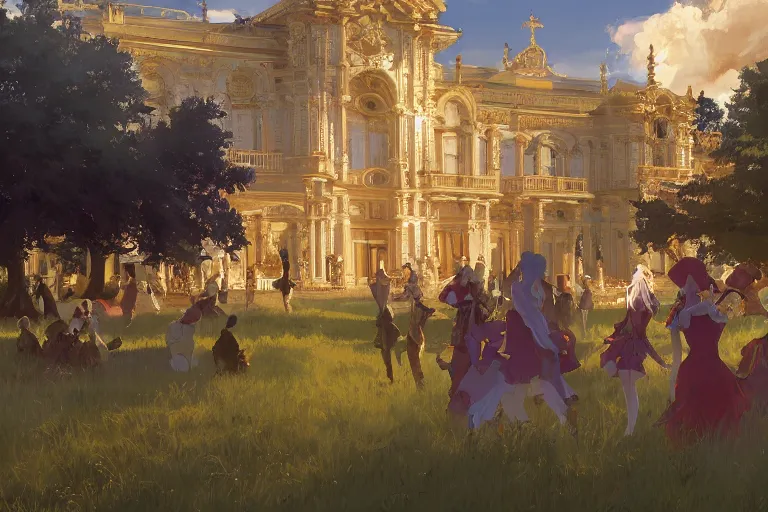 Image similar to an ornate baroque palace, party in front, scene in an open field. key visual, conceptart, ambient lighting, highly detailed, digital painting, artstation, concept art, sharp focus, by makoto shinkai and akihiko yoshida and greg manchess