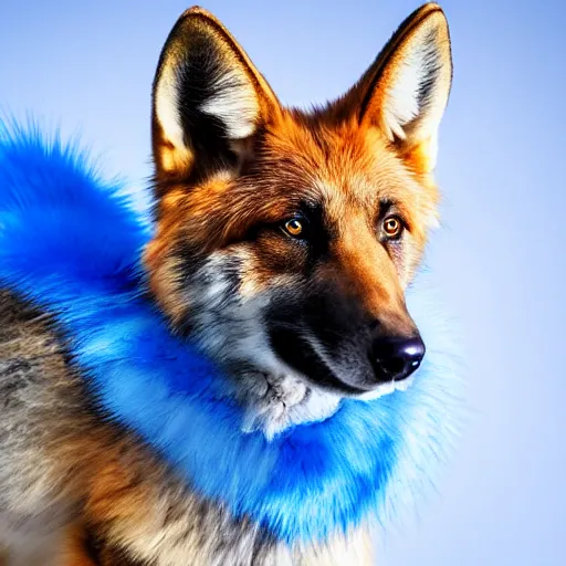 Image similar to 4 k high resolution, hdr photo of an animal hybrid of a german shepherd and a fox, with blue fur and blue eyes, award winning studio photography