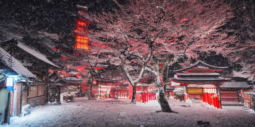 Prompt: a Japanese shrine, snowing, photograph, cyberpunk, sharp focus, intricate detail, drone shot, high resolution, 8k, neon streetlights, wires hanging down everywhere, Japan, colourful,,