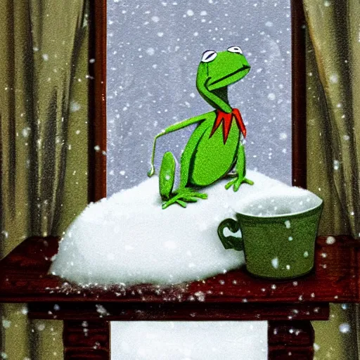 Image similar to Kermit the frog sits as it snows in the interior of a bourgeoise room, Still life with snow.