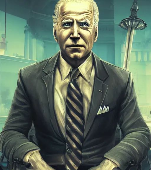 Image similar to portrait of joe biden cosplaying bioshock, by wlop, by simon stalengrad, bioshock screenshot, photorealistic fan art, gta 5, detailed shading, intricate abstract, steampunk