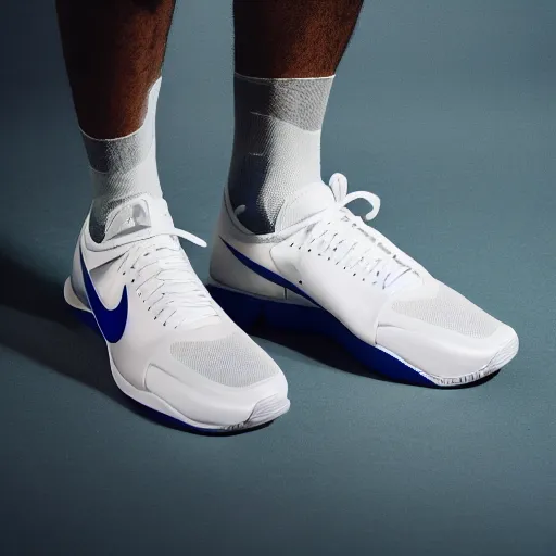 Image similar to a studio photoshoot of A floating Nike running sneaker designed by Virgil Abloh, mesh fabrics, Off-White, realistic, color film photography by Tlyer Mitchell, 35 mm, graflex