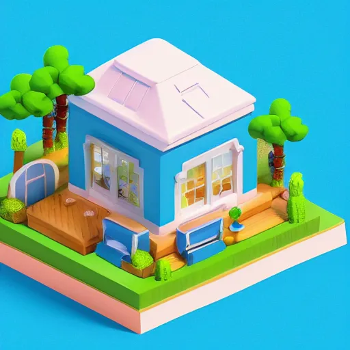 Image similar to cute chubby house by nickelodeon style, octane, 1 0 0 mm, depth of field, isometric, blue background