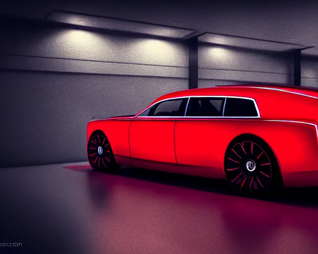 Image similar to future rolls royce car with red neon, full frame, dark and mysterious, atmospheric, ominous, eerie, cinematic light, epic, 8 k 3 d, ultra detail, ultra realistic, by wlop, by mucha, by giger