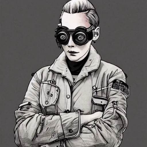 Prompt: tattooed stoic heroic emotionless dirty butch blonde woman mechanic with very short slicked - back hair, wearing dark - lensed victorian goggles, wearing distressed dirty ripped flight suit, moebius, rough paper, smooth median photoshop filter cutout vector, behance hd by jesper ejsing, by rhads, makoto shinkai and ron cobb.