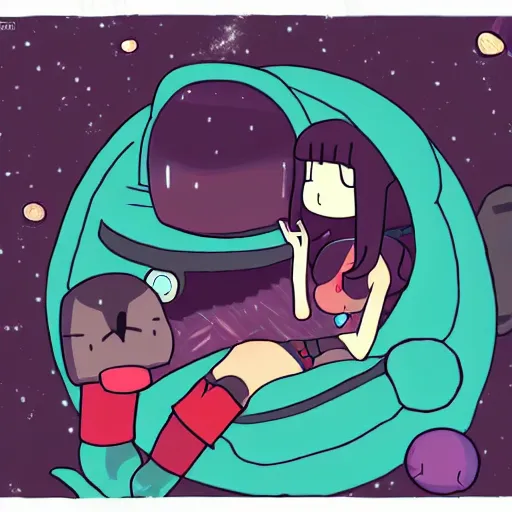 Image similar to relaxing in space in the style of lo-fi girl, anime, adventure time,