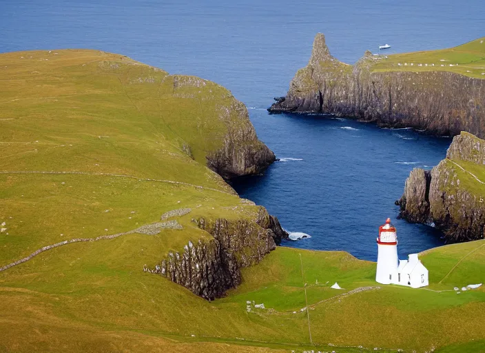 Image similar to a landscape photo of neist point lighthouse isle of skye, aerial far wide shot with 4 0 0 m lens, strong kodak portra film look