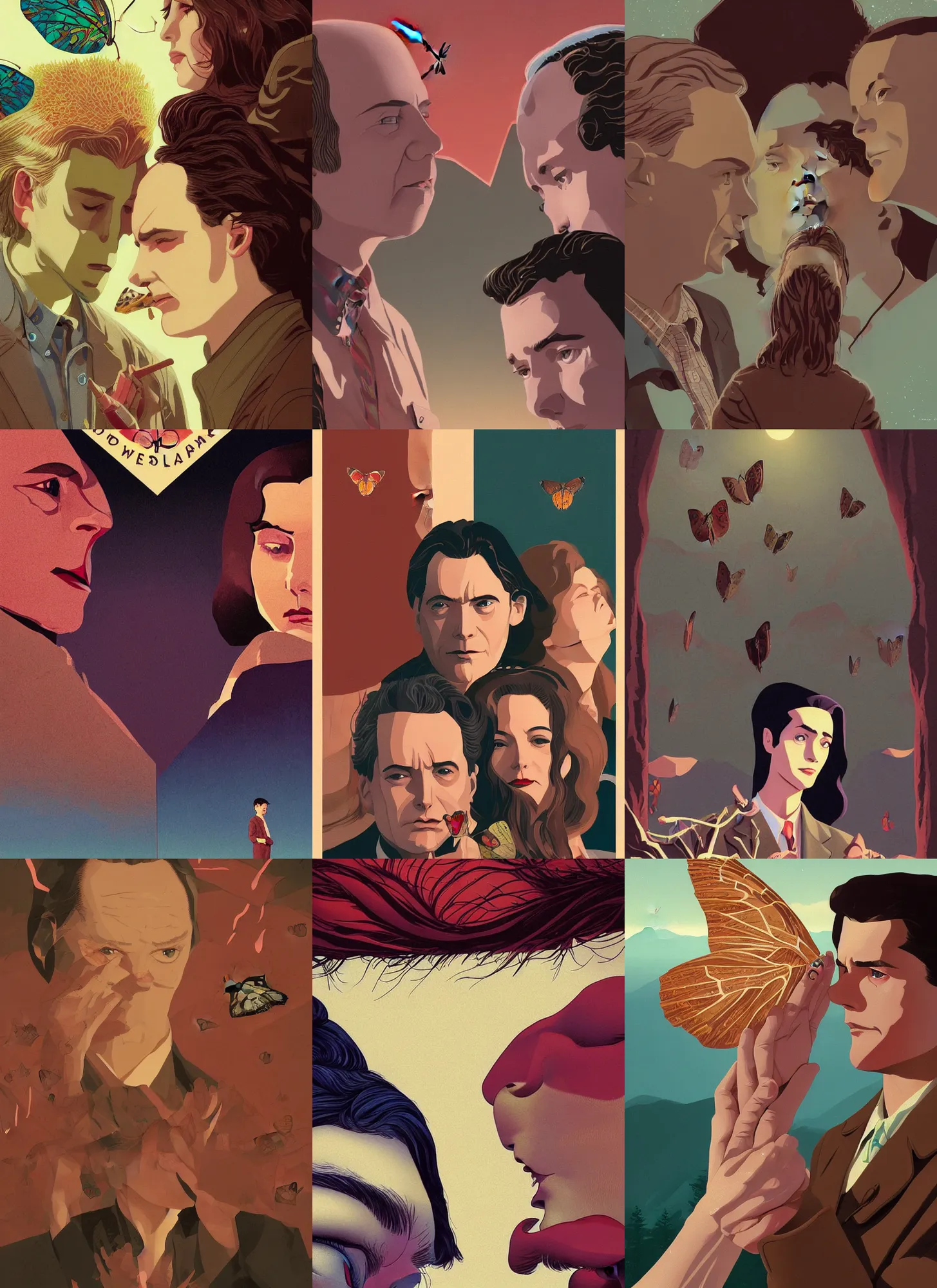 Prompt: Twin Peaks poster artwork by T Wolf, P Cattaneo, S Baraldi, Artem Chebokha, Michael Whelan and Tomer Hanuka, Rendering of a cinematic beautiful closeup moment of lovers saying goodbye. Pensive Lonely I love you moth man butterfly woman, full of details, by Wes Anderson and Makoto Shinkai and thomas kinkade, Matte painting, trending on artstation and unreal engine