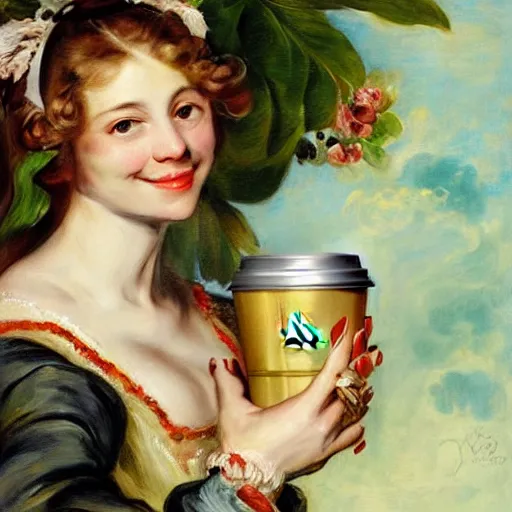 Image similar to heavenly summer sharp land sphere scallop well dressed lady holding a starbucks coffee cup, auslese, by peter paul rubens and eugene delacroix and karol bak, hyperrealism, digital illustration, fauvist, starbucks coffee cup green logo