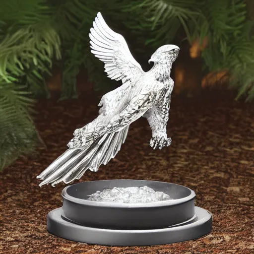 Image similar to silver eagle statue with glowing red eyes