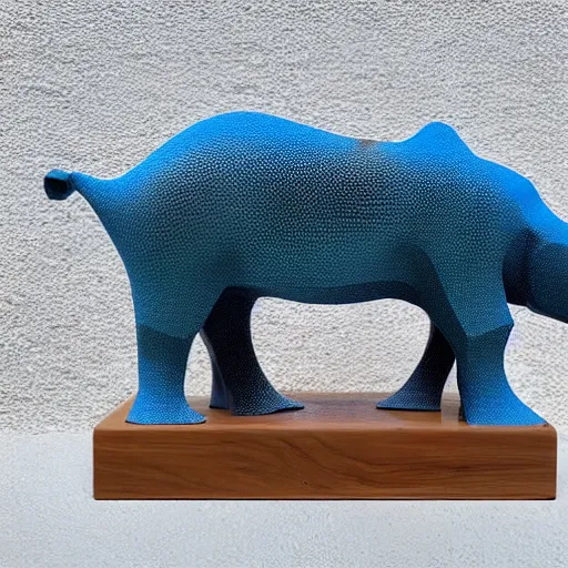 Image similar to a minimalist curvy shaped sculpture of hippopotamus!, ( ( wood ) ) and ( ( blue epoxy ) ) on top mix, cubic blocks stripes cuts, side view profile centered, studio, design, object, reddit