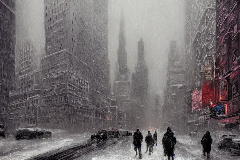 Prompt: New York city enveloped in ice, winter season, moody scene, highly detailed, intricate, sharp details, dystopian mood, 1950 scene by Victo ngai, David Rubín, Mike Mignola, Laurie Greasley ,gaston bussiere, craig mullins, somber lighting, drawn by Giacomo Burattini, inspired by graphic novel cover art, hyperrealistic, 8k by RHADS