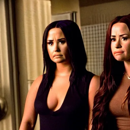 Image similar to close-up of Demi Lovato as Piper Halliwell and Selena Gomez as Phoebe Halliwell and Ariana Grande as Prue Halliwell in a Charmed movie directed by Christopher Nolan, movie still frame, promotional image, imax 35 mm footage