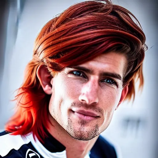 Image similar to a realistic detailed photo of a handsome guy who is an f 1 driver, with red hair