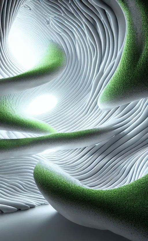 Image similar to highly detailed ultra sharp 3 d render cinematic composition of a smooth ceramic porcelain magnolia stone nebula biomorphic fluid fractal sci - fi surreal architecture landscape, metallic, white marble, foliage, vincent callebaut composition, mamou - mani, archviz, beautiful lighting, 8 k, unreal engine, hdr,
