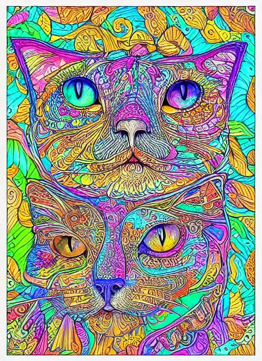 Prompt: cats deepdream, colouring page, colored with colored penci, lineart, centered