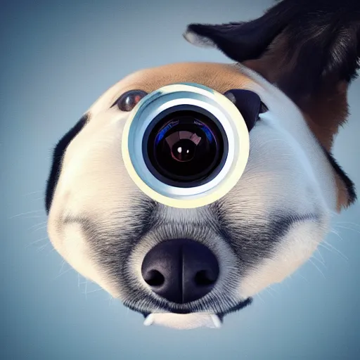 Image similar to Selfie of a dog, first-person view, fisheye lens!!!!!!, photorealistic imagery, trending on artstation, 4k, 8k