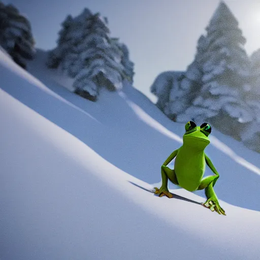 Image similar to 3 d octane render of a man dressed like a frog skiing down a snowy mountain