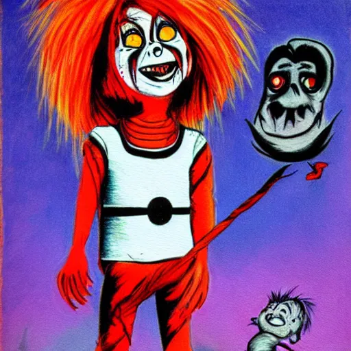 Prompt: emo fantasy painting of chucky by dr seuss | horror themed | creepy