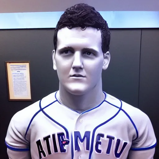 Image similar to “a realistic detailed photo of a guy who is an attractive humanoid who is half robot and half humanoid, who is a male android, baseball player Anthony Rizzo, shiny skin, posing like a statue, blank stare”