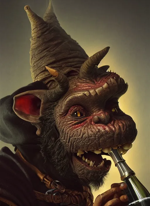 Prompt: highly detailed closeup portrait of a medieval goblin drinking wine, stephen bliss, unreal engine, greg rutkowski, ilya kuvshinov, ross draws, hyung tae and frank frazetta, tom bagshaw, tom whalen, nicoletta ceccoli, mark ryden, earl norem, global illumination, god rays, detailed and intricate environment