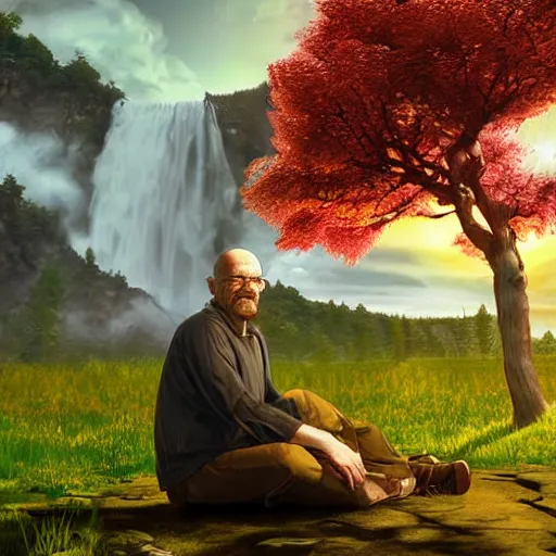 Image similar to featured on artstation photorealistic walter white sitting under a cherry tree overlooking valley waterfall sunset beautiful image stylized digital art