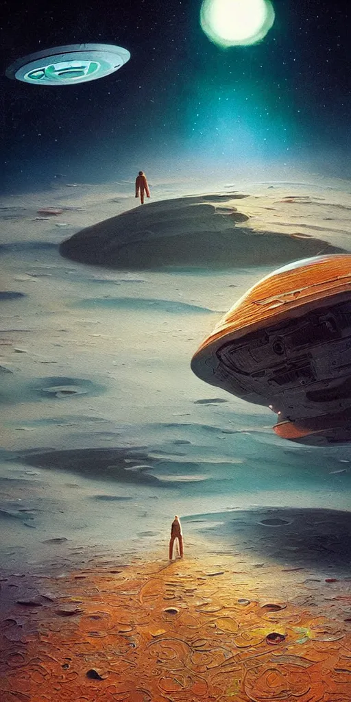 Image similar to walking across the sea of tranquility, a highly detailed cinematic oil painting by roger dean and alena aenami, crashed spaceship!!, dynamic lighting