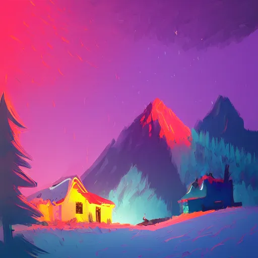 Image similar to dreamy landscape, colorful trees, little cottage, mountains, by Anton fadeev