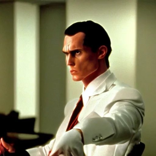 Image similar to a still of a Draconian in the American Psycho (2000), doing the Bateman stare, cinematic still, 4K Bluray