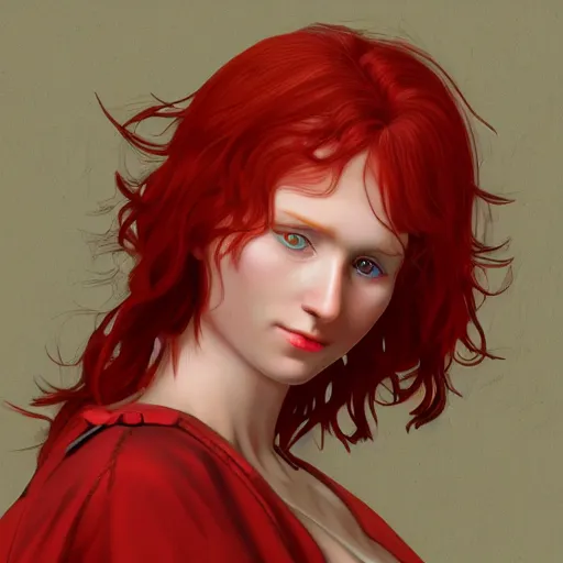 Prompt: Red haired Swiss german woman, highly detailed, in the style of romanticism, cinematic, artstation, Moebius