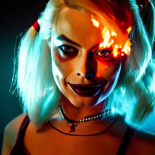 Prompt: photo of Margot Robbie as Harley Quinn, fire in background, bokeh, medium full shot, highly detailed skin and detailed face, flares, multicolor smoke