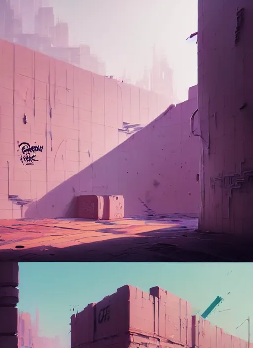 Prompt: highly detailed matte painting, of 3 d calligraphy graffiti tag wall, by atey ghailan, by greg rutkowski, by greg tocchini, by james gilleard, by joe fenton, by kaethe butcher, pink, brown, light blue and white mystical color scheme, grunge aesthetic, octane render