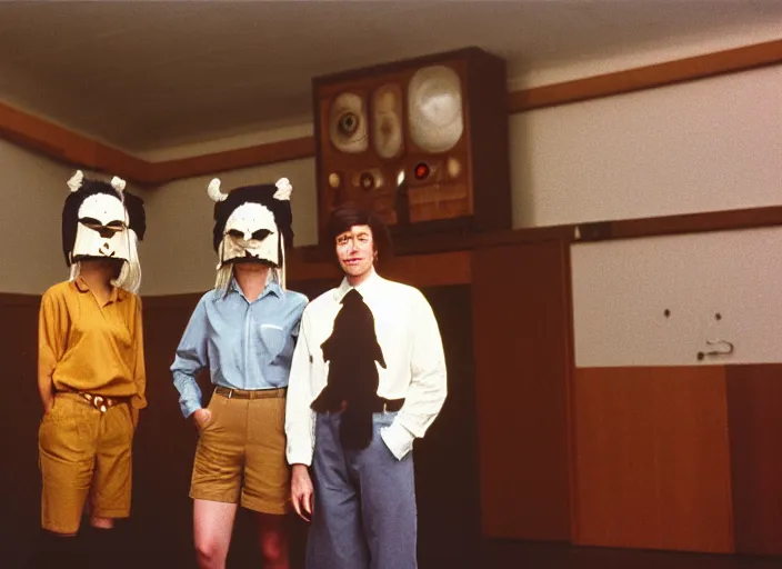 Image similar to realistic photo portrait of the team, brown mustard cotton fluffy shorts, crow mask face, wooden polished and fancy expensive wooden science laboratory hall interior 1 9 9 0, life magazine reportage photo, twin peaks by david lynch