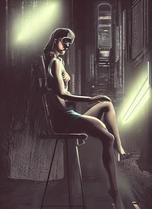 Image similar to An epic fantastic realism graphic novel cover style painting of a beautiful girl sitting on a stool in a dark room with laser light, cyberpunk, dynamic lighting by Paolo Eleuteri Serpieri