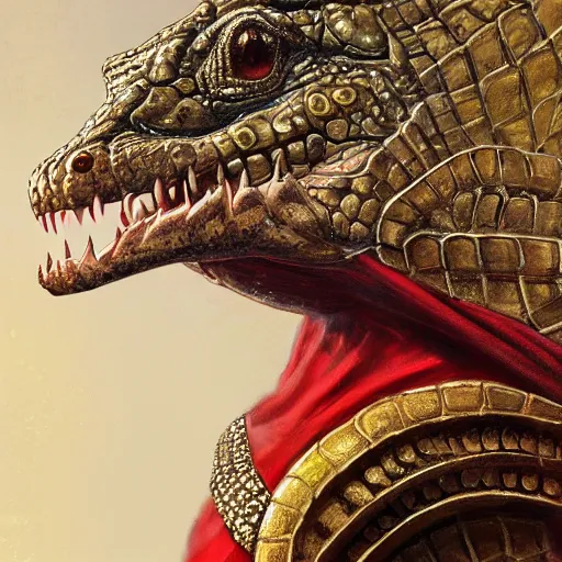 Prompt: detailed photorealistic painting of a crocodile wearing a highly detailed ornamented gold crown with diamonds, in a medieval knight armor with red cape , sharp focus in the style of ruan jia, Mandy jurgens, cinematic light, concept art, trending on artstation, ultra realistic